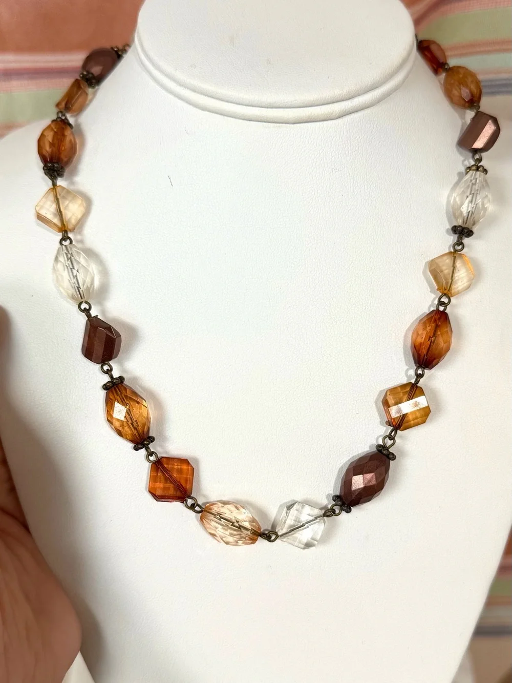 Avon Brown Amber and Clear Faceted Bead Necklace + Earring Set